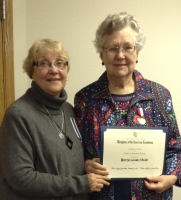 Marijo Shide receiving the NSDAR Women in American History Award  in November 2015.JPG